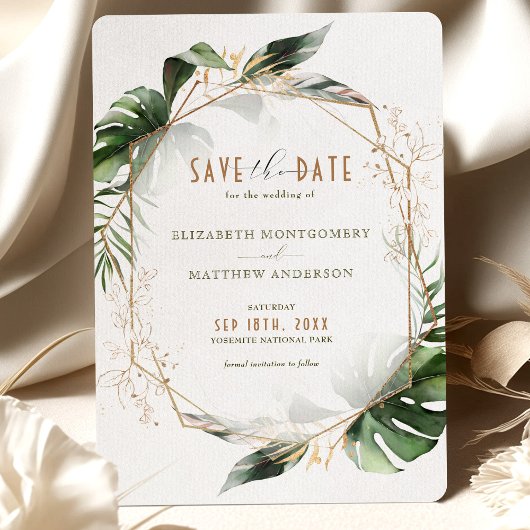 Monstera Save the Date Green & Gold Wedding Einladung
