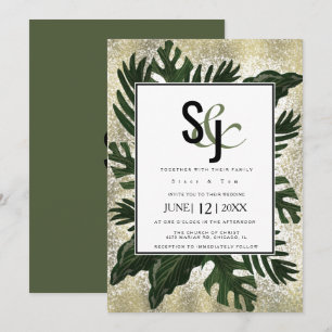 Monstera Tropical Faux Gold Splash Hochzeitssuite Einladung