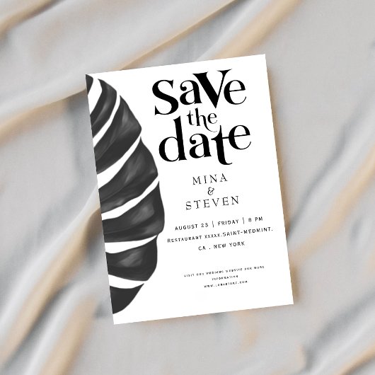 Monstera Tropical floral Schwarz-Weiß Hochzeit S Save The Date