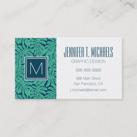 Monstera Tropical Leaf Muster| Monogramm Visitenkarte (Vorderseite)