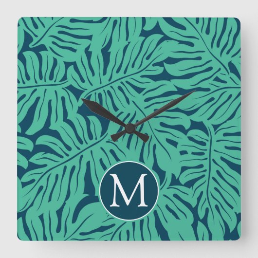 Monstera Tropical Leaf Pattern | Monogramm Quadratische Wanduhr (Vorderseite)