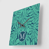 Monstera Tropical Leaf Pattern | Monogramm Quadratische Wanduhr (Winkel)