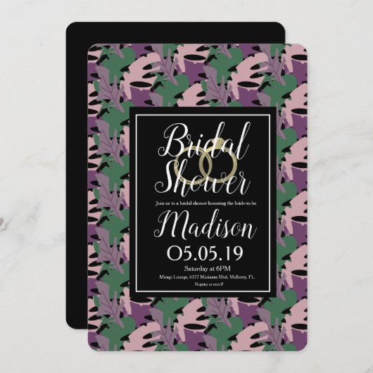 Monstera Tropical Lila Imitats Gold Brautparty Einladung (Vorne/Hinten)