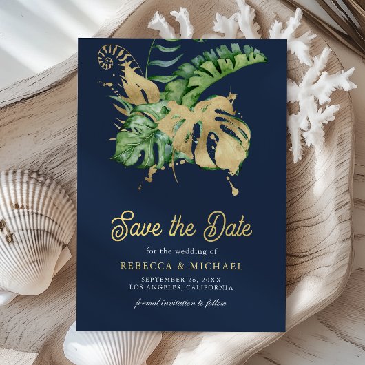 Monstera Tropical Palm Foto Navy Blue Wedding Save The Date