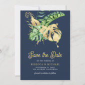 Monstera Tropical Palm Foto Navy Blue Wedding Save The Date (Vorderseite)