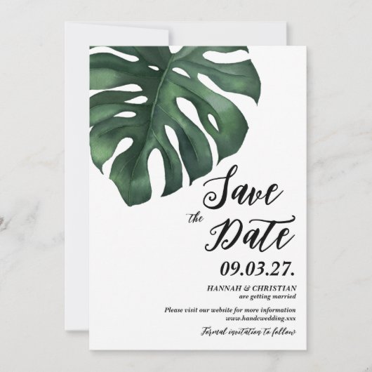 Monstera Tropical Palm Leaf Save the Date Einladung (Vorderseite)