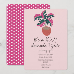 Monstera Tropical Pink Dots Mädchen Baby Shower Einladung