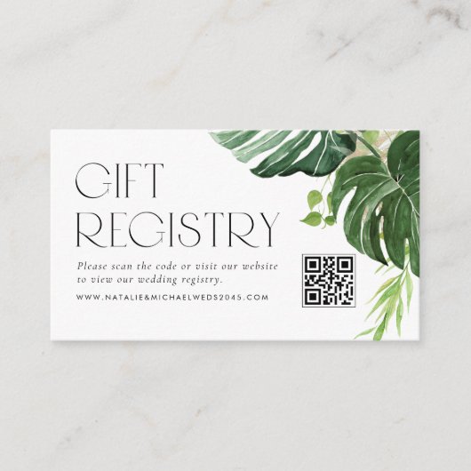 Monstera Tropical QR Code Wedding Registry Begleitkarte (Vorderseite)