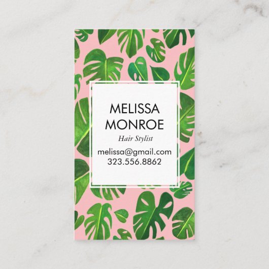 Monstera tropische Blätter illustrierte Wasserfarb Visitenkarte (Rückseite)