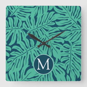 Monstera tropisches Monogramm des Blatt-Muster- Quadratische Wanduhr