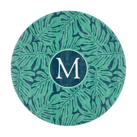 Monstera tropisches Monogramm des Blatt-Muster-| Schneidebrett (Vorderseite)