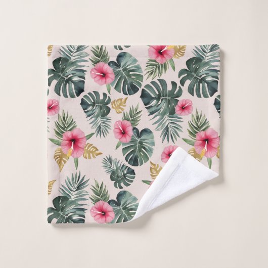 Monstera und Hibiskus Pattern Badhandtuch Set (Waschlappen)