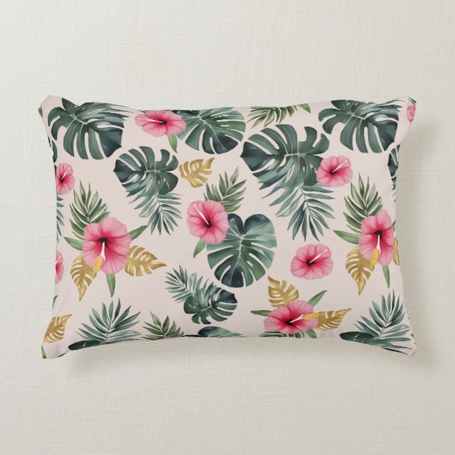 Monstera und Hibiskus Pattern Dekokissen (Vorderseite)
