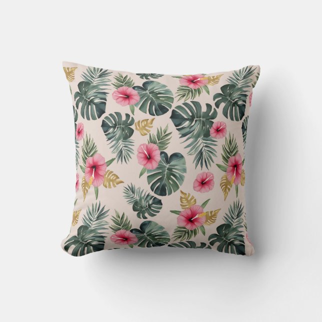 Monstera und Hibiskus Pattern Kissen (Vorderseite)