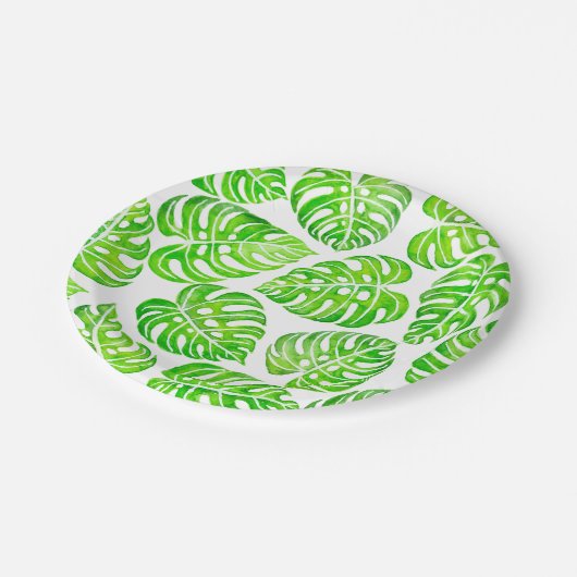 Monstera verlasse Aquarell Pappteller (Schrägansicht)