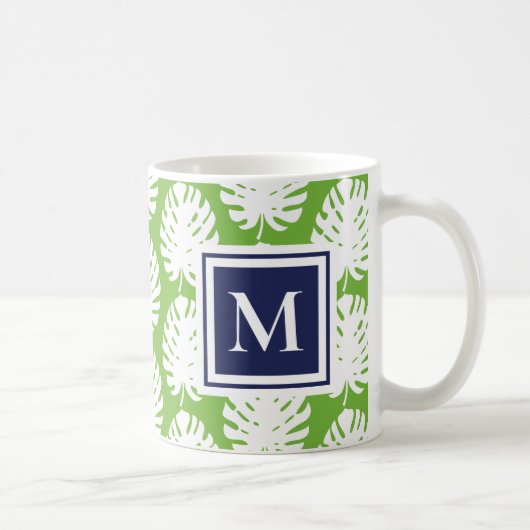 Monstera Verlasse Grüne Marine Moderne Monogram Co Kaffeetasse (Rechts)