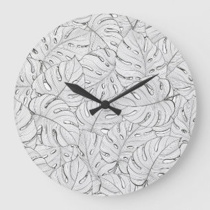 Monstera Verlasse Schwarz-weißes Muster Große Wanduhr