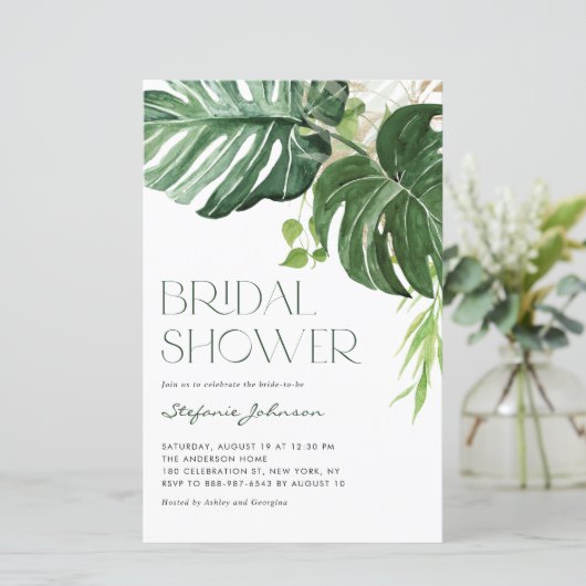 Monstera Verlasse Sommer Bridal Dusche Einladung (Stehend Vorderseite)