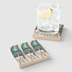 Monsterfrau Portrait Aquamariner Beehive Pop Kunst Steinuntersetzer