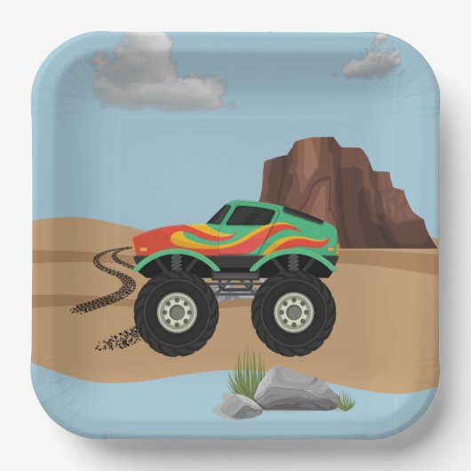 Monsterräder, orange, gelb, grünes Papier, Teller (Vorderseite)