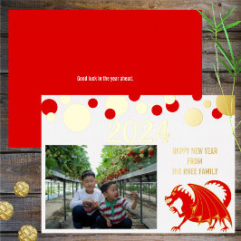 Montag Neujahr 2024 Red Dragon Add Your Foto Gold Folien Feiertagskarte