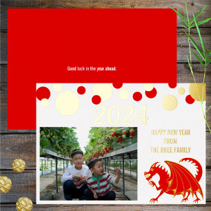 Montag Neujahr 2024 Red Dragon Add Your Foto Gold Folien Feiertagskarte