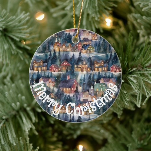 Montana Christmas in Midnight Street Watercolor Keramik Ornament (Baum)