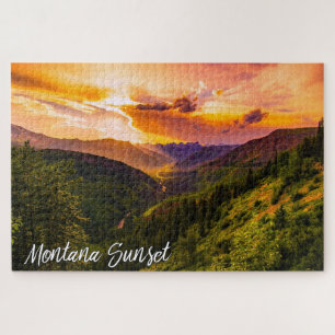 Montana-Sonnenuntergang-Gebirgstal-Fluss und Bäum Puzzle