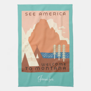 Montana Vintage Poster, DIY Name, Hellblau Geschirrtuch