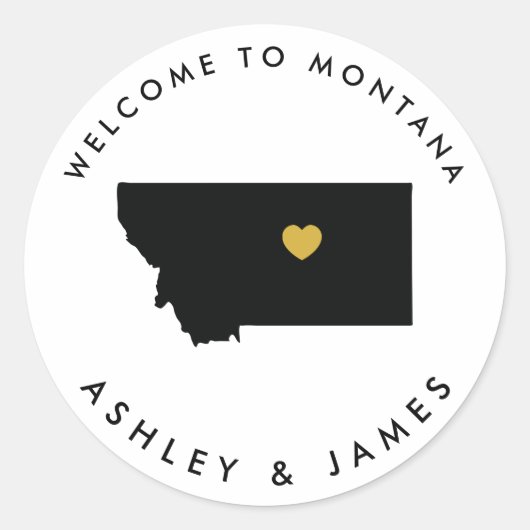 Montana Wedding Welcome Sticker Tag Gold Black (Vorderseite)