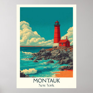 Montauk New York Vintag Lighthouse Beach Art Poster