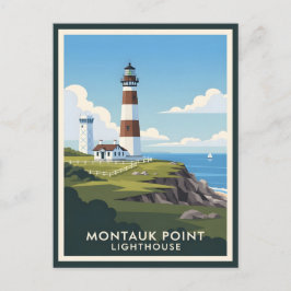Montauk Point Leuchtturm, Küstenklippe & Segelboot Postkarte