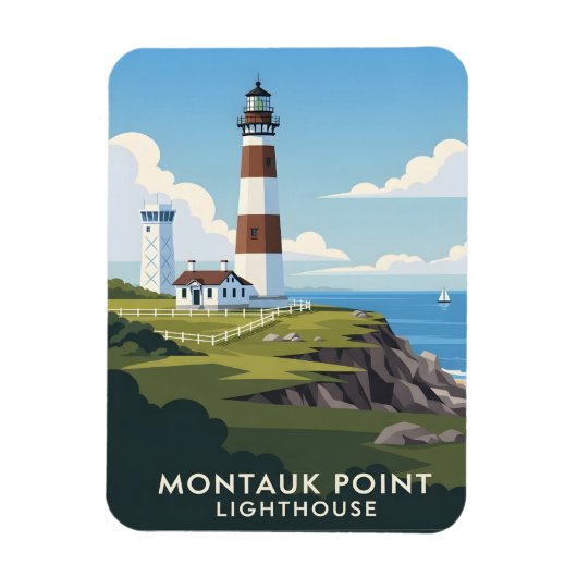Montauk Point Lighthouse, Coastal Cliff & Sailboat Magnet (Vertikal)