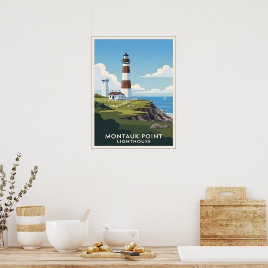 Montauk Point Lighthouse, Coastal Cliff & Sailboat Poster (Küche)