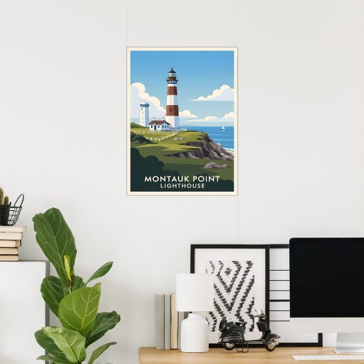 Montauk Point Lighthouse, Coastal Cliff & Sailboat Poster (Heimbüro)