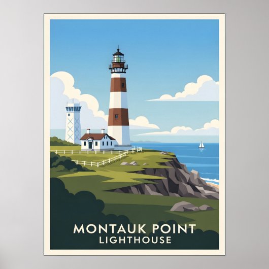 Montauk Point Lighthouse, Coastal Cliff & Sailboat Poster (Vorne)