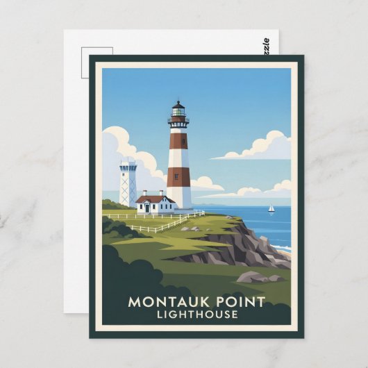 Montauk Point Lighthouse, Coastal Cliff & Sailboat Postkarte (Vorne/Hinten)