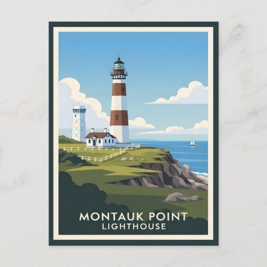 Montauk Point Lighthouse, Coastal Cliff & Sailboat Postkarte (Vorderseite)