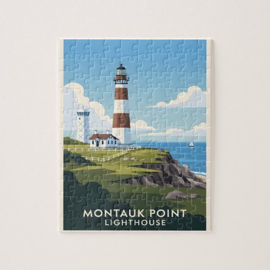 Montauk Point Lighthouse, Coastal Cliff & Sailboat Puzzle (Vertikal)