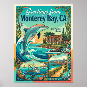 Monterey Bucht Kalifornien Delfin im Vintage-Stil Poster