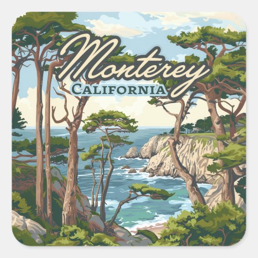Monterey California Cypress Trees Ocean Coast Quadratischer Aufkleber (Vorderseite)