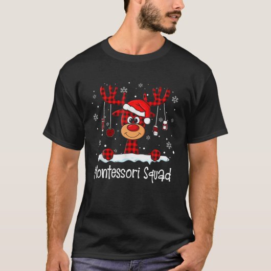 Montessori Squad Kariert Rentier Weihnachtsmannmüt T-Shirt (Vorderseite)