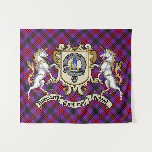 Montgomery Clan Abzeichen & Unicorns mit Tartan Wandteppich (Vorderseite (Horizontal))
