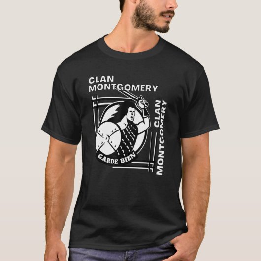 Montgomery Clan Gaelic Motto Swordsman T-Shirt (Vorderseite)