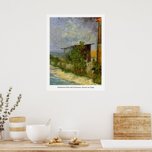 Montmartre Weg mit Sonnenblumen von Van Gogh. Poster (Küche)