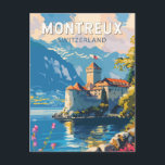 Montreux Schweiz Reisen Vintag Postkarte<br><div class="desc">Montreux Retrovektor-Reisedesign. Montreux ist ein traditionsreicher Ferienort am Genfersee. Zwischen steilen Hügeln und dem Seeufer gelegen.</div>