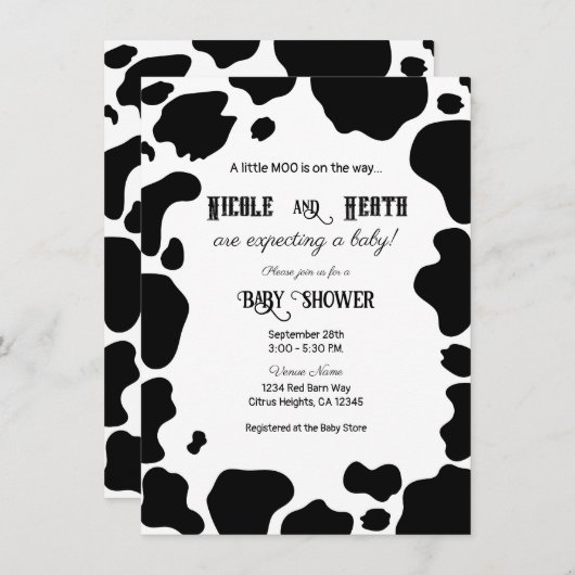 Moo Cow Spots Print Black & White Baby Dusche Einladung (Vorne/Hinten)