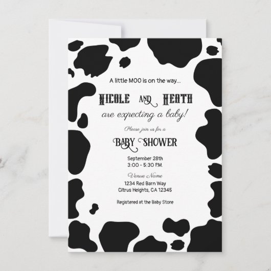 Moo Cow Spots Print Black & White Baby Dusche Einladung (Vorderseite)