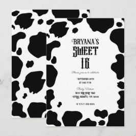 Moo Cow Spots Print Black & White Rustic Sweet 16 Einladung