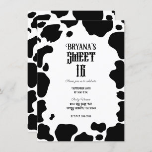 Moo Cow Spots Print Black & White Rustic Sweet 16 Einladung